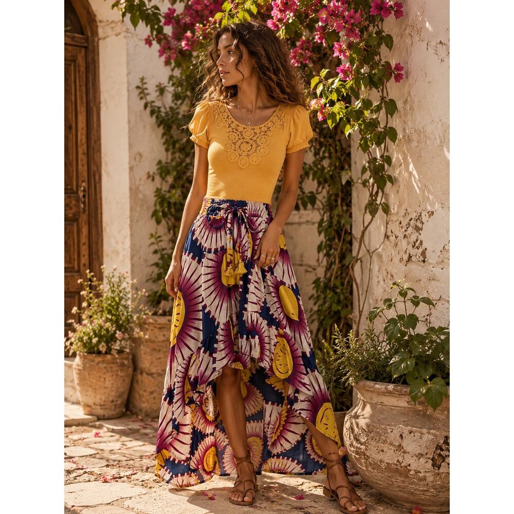 Jasmine Boho Asymmetrical Maxi Skirt Size Small High Low Tie Waist Festival